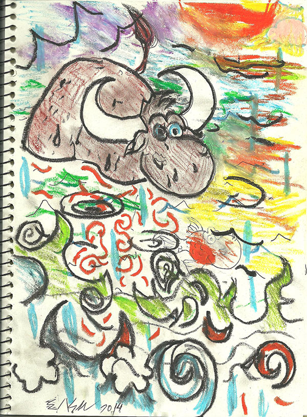 The Buffalo. Pastel and pen on paper.